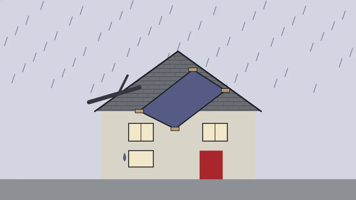 Illustration of a tarp secured over a damaged roof in the rain, with a broken limb nearby