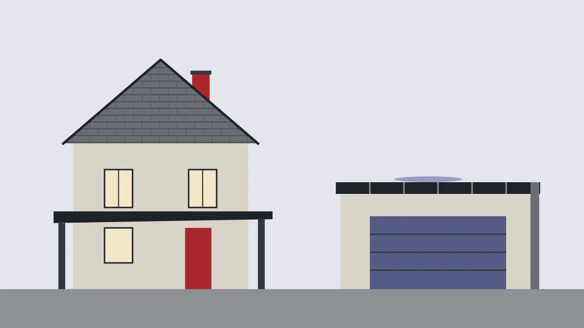 Illustration of a house with a low-slope porch roof and a flat-roofed garage with water pooling on top