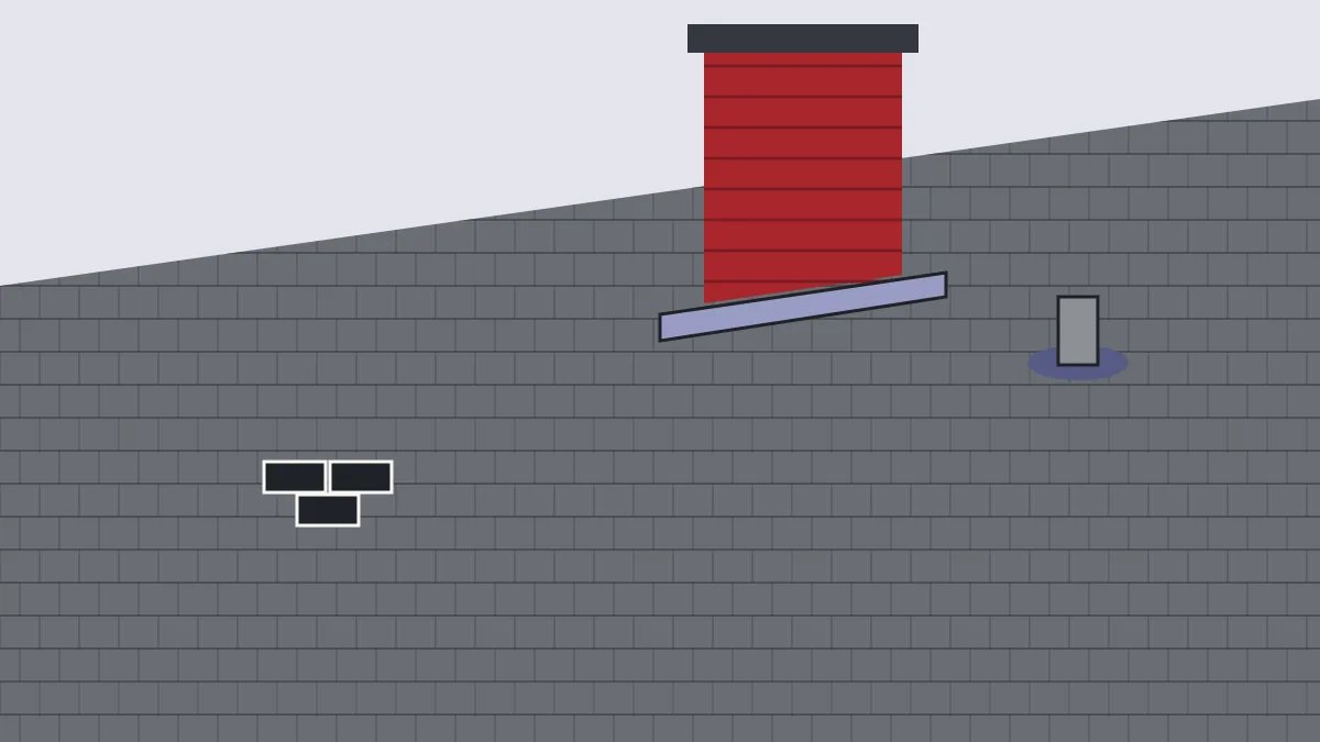 Illustration of a shingle roof with a brick chimney, new metal flashing and a few replaced shingles