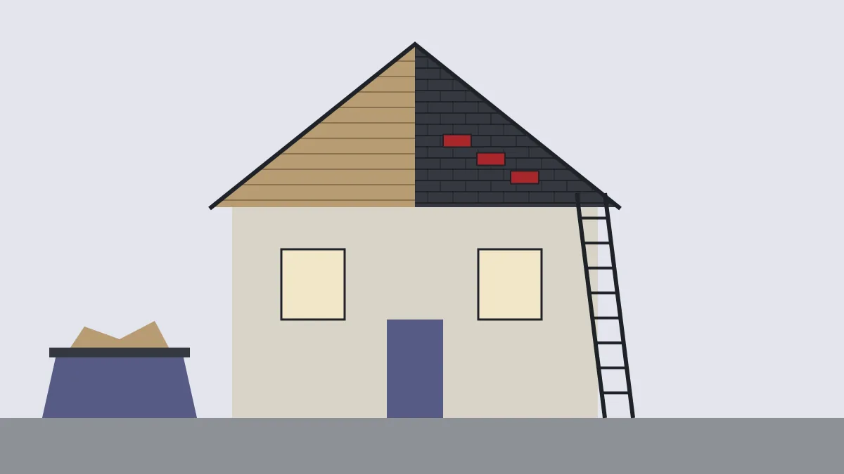 Illustration of a house roof halfway through replacement, with bare decking on one side and new shingles on the other